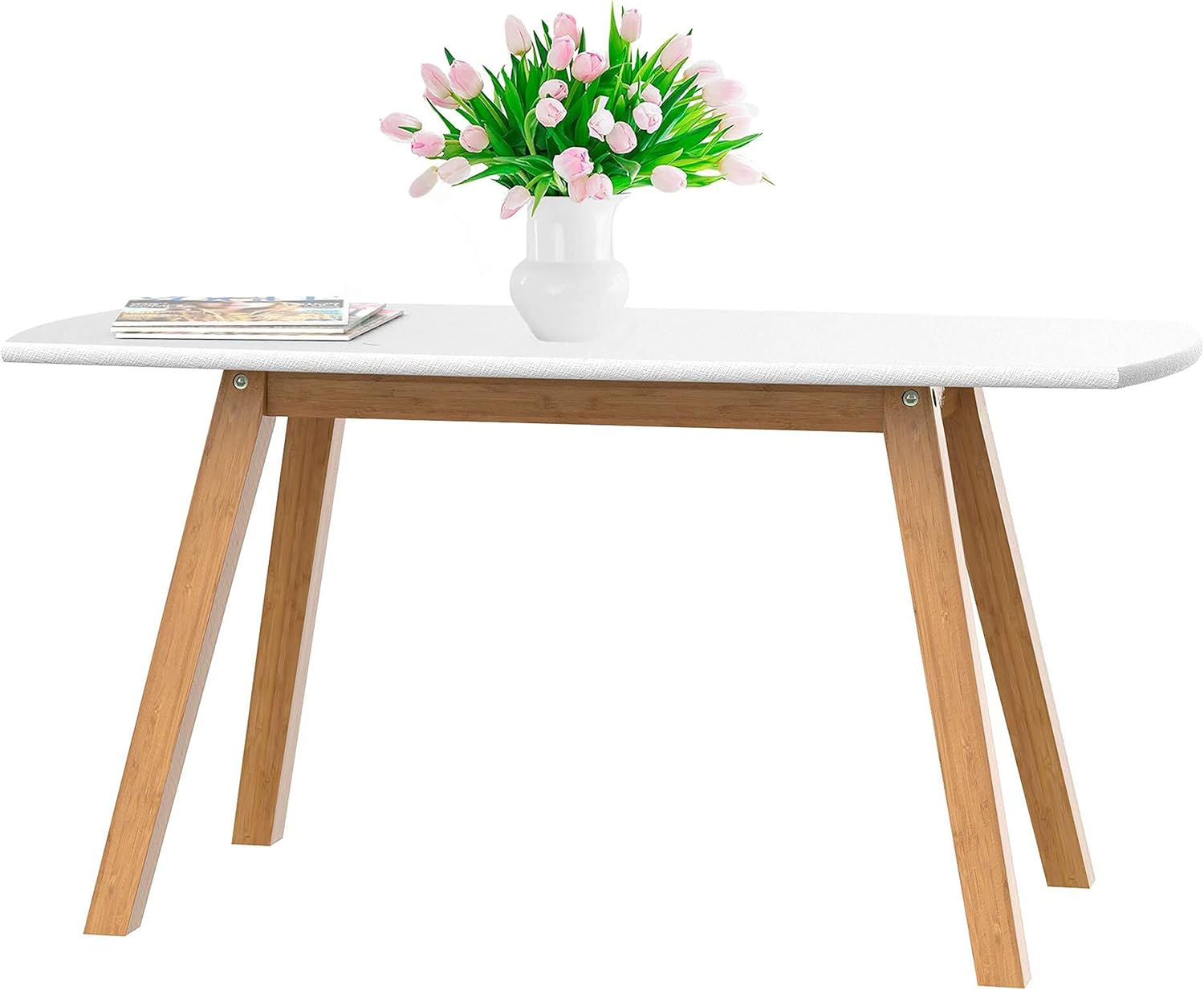 bonVIVO Small Coffee Table White – Wholesale Modern Low Accent Table with Bamboo Wooden Frame for Living Room & Office