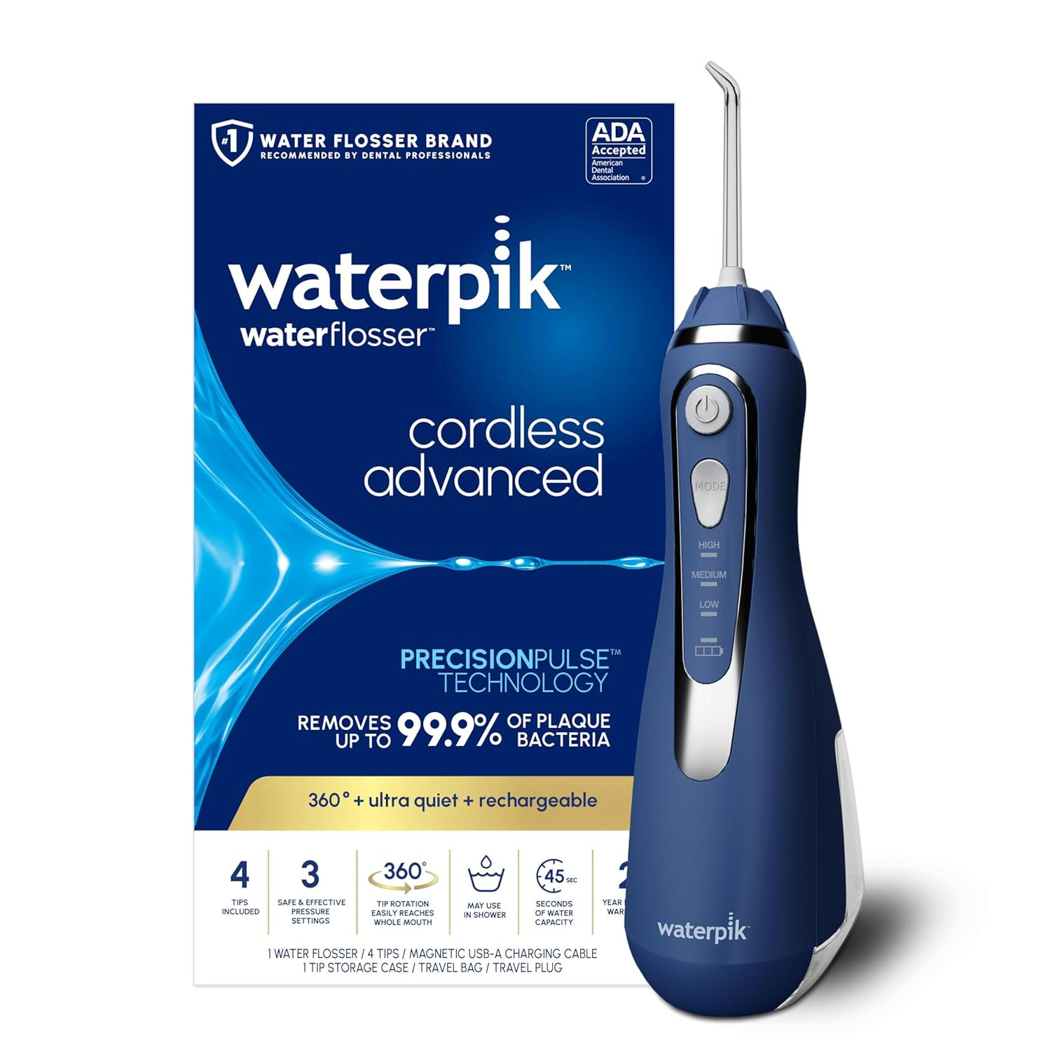 Wholesale Waterpik Cordless Advanced 2.0 Water Flosser Blue WP-583 – Rechargeable Portable Dental Care with Travel Bag and 4