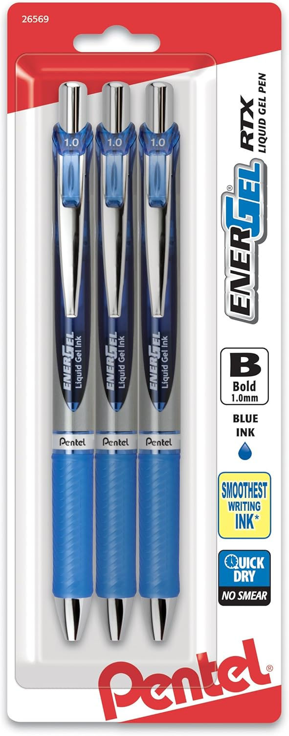 Pentel EnerGel RTX Retractable Gel Pens 3 Pack Bold Line Blue Ink Wholesale Case