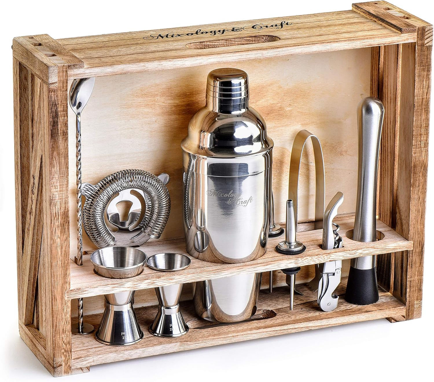 Mixology & Craft wholesale bartender kit 11-piece cocktail shaker set with wooden stand, stainless steel bar tools in silver