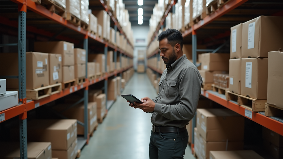 High angle view of a reseller checking inventory in a warehouse