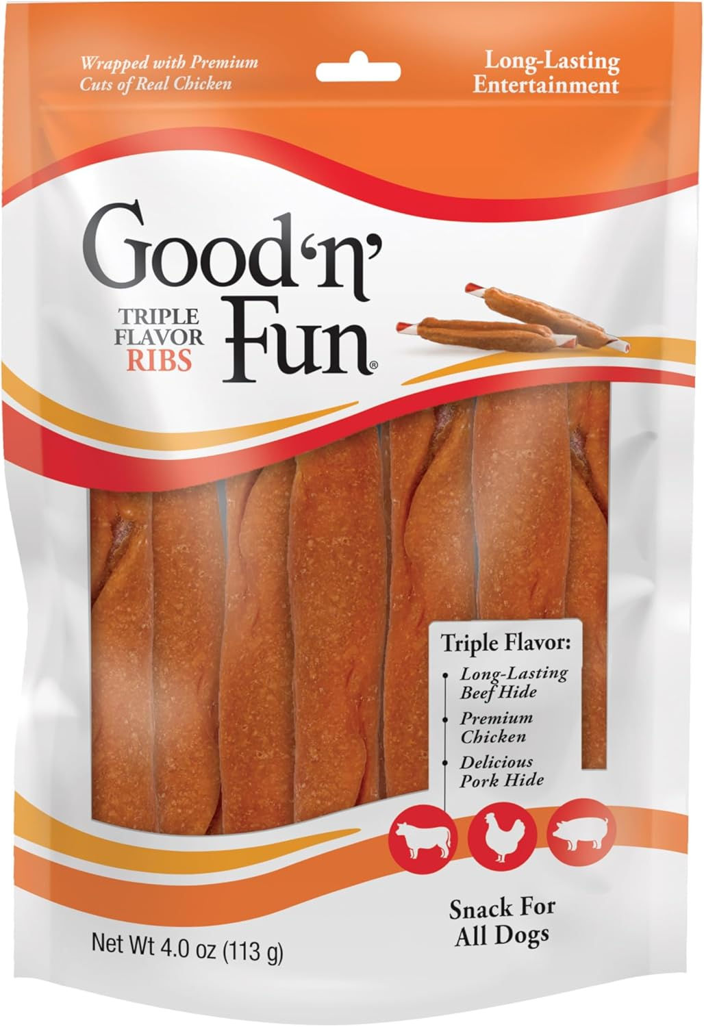 Good ‘n’ Fun Triple Flavor Ribs Chews – Long-Lasting Dog Treats with Beef Hide, Chicken & Pork Hide