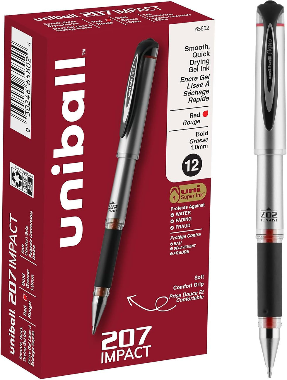 uniball 207 Impact Gel Pen bold 1.0 mm with red ink and black barrel – smooth, quick-drying pen for professional writing, off