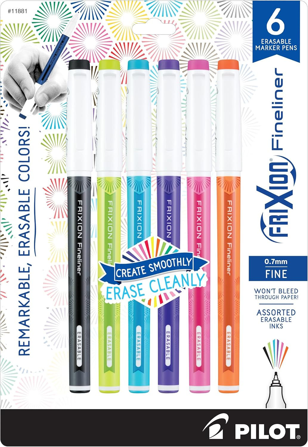Pilot FriXion Fineliner Erasable Marker Pens – Fine Point 0.7 mm, Pack of 6, Assorted Colors – Wholesale Pack