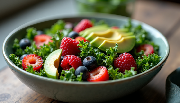 Close-up of a vibrant alkaline salad bowl with kale, avocado, and berries