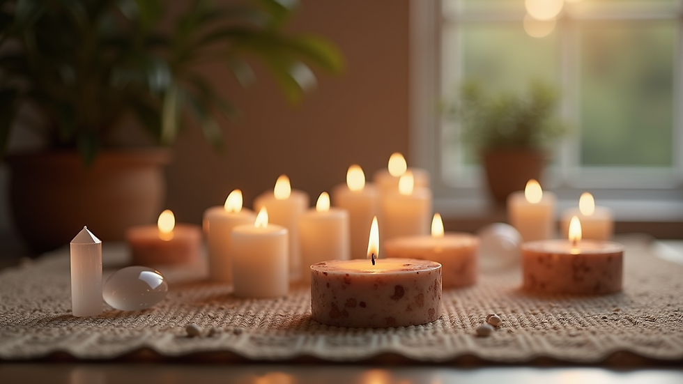 Close-up view of a serene meditation space with candles and crystals