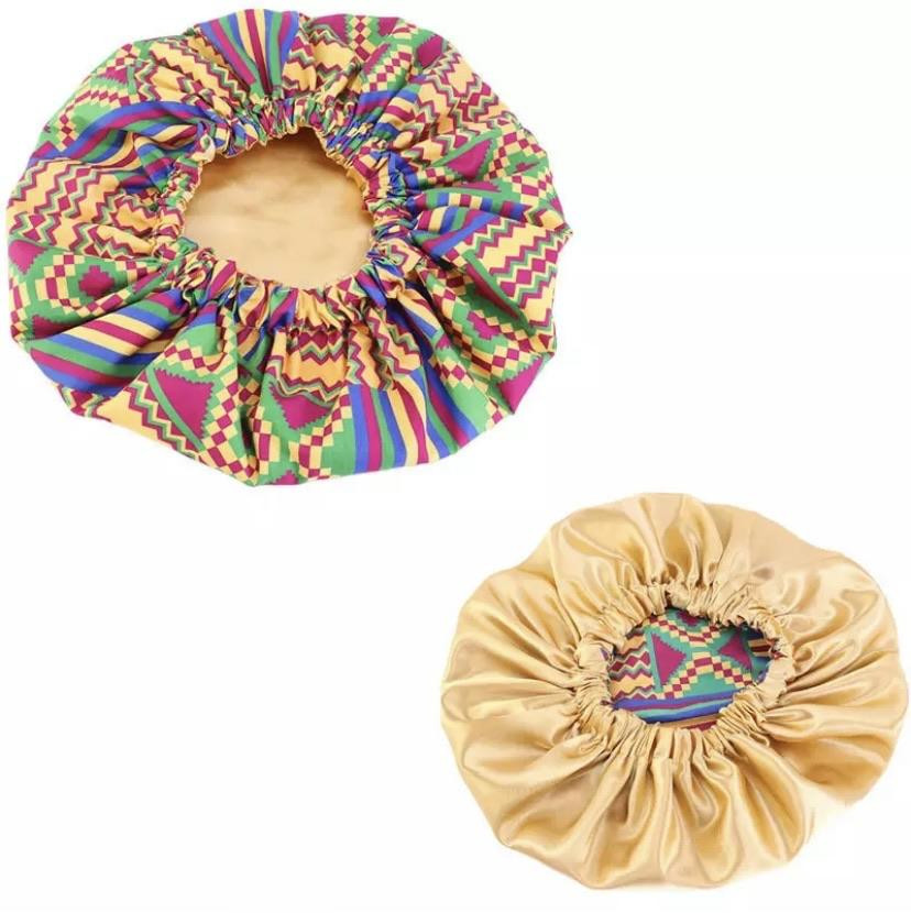 African Print Night Bonnet With Satin Lining/Light Blue/Brown/Lime/Yellow
