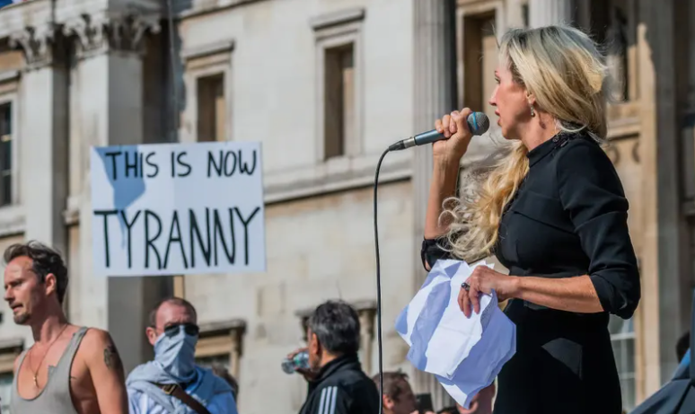 Covid-19 sceptic Kate Shemirani, a nurse suspended from practising, speaks at the rally in London yesterday. Photograph: Guy Bell/REX/Shutterstock