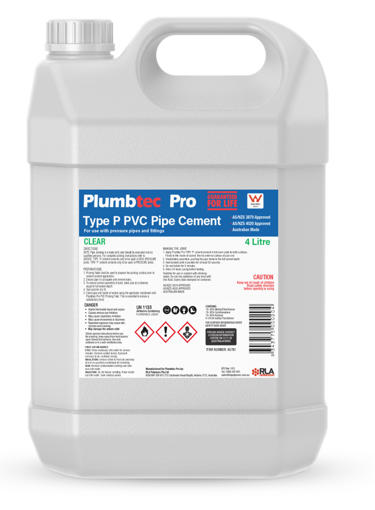 Type P Solvent Cement, Clear, 4 Litre Plumbtec Pro