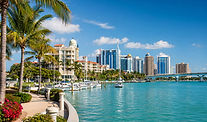 Sarasota Florida waterfront with marina, palm trees, boats, and modern coastal skyline under clear blue sky