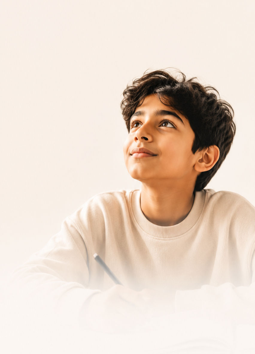 A thoughtful boy looking upward with a subtle smile, feeling of confidence, imagination, a