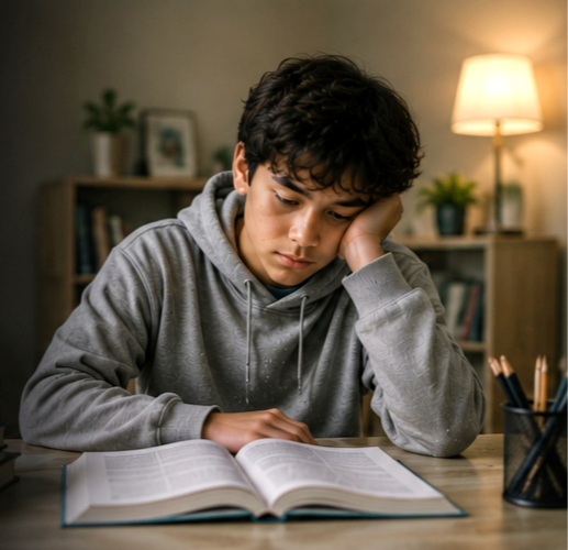 smart child struggling with writing ideas on paper