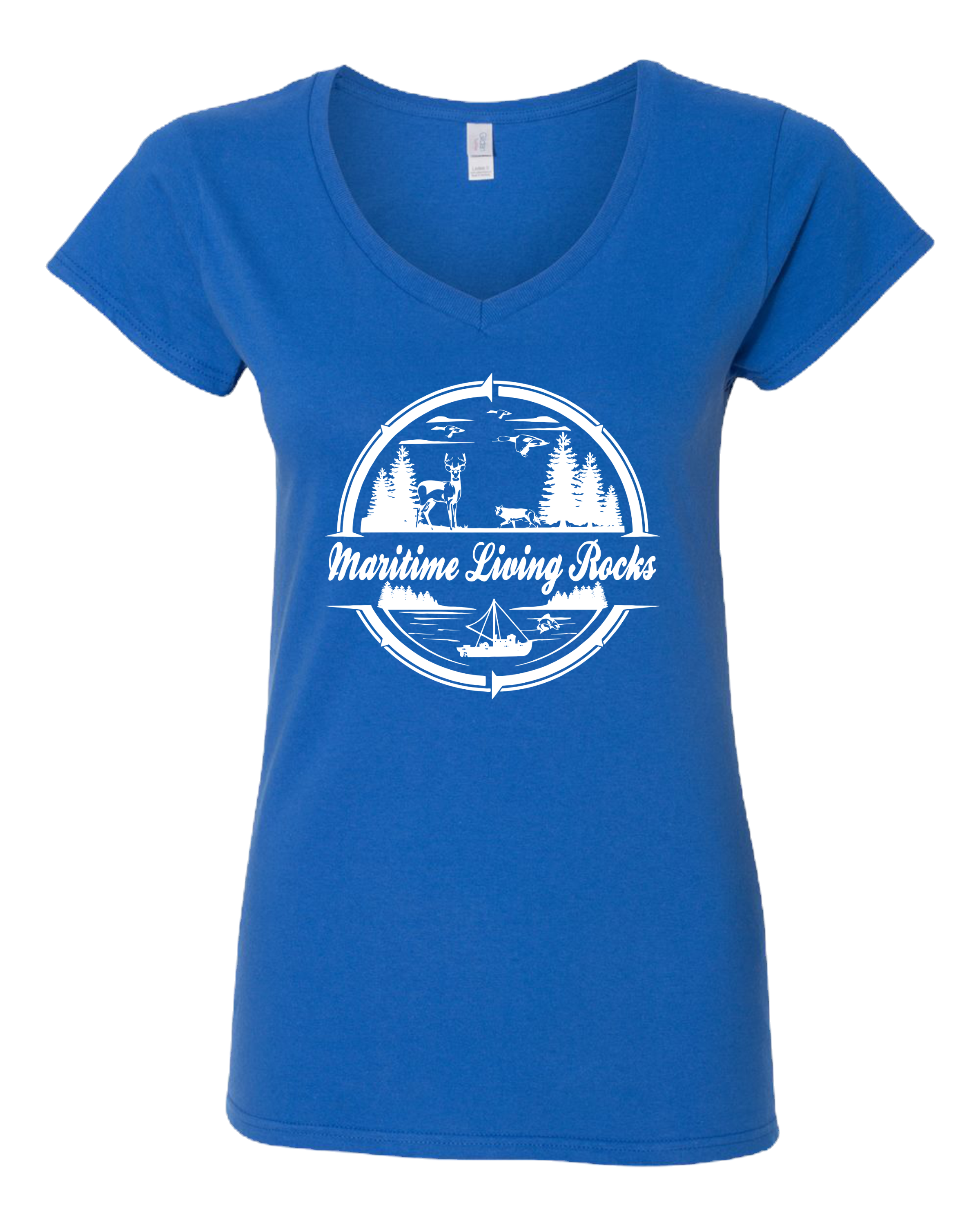 Women royal blue v-neck with white logo