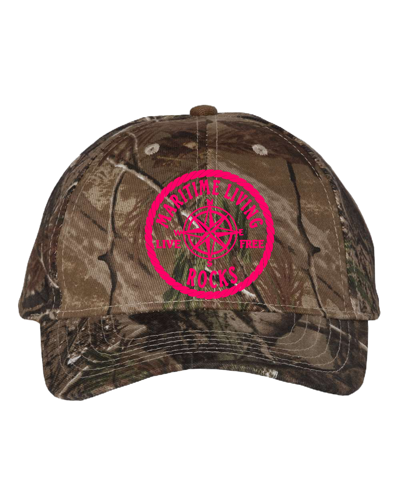 Realtree baseball cap with neon pink logo with mesh back.
