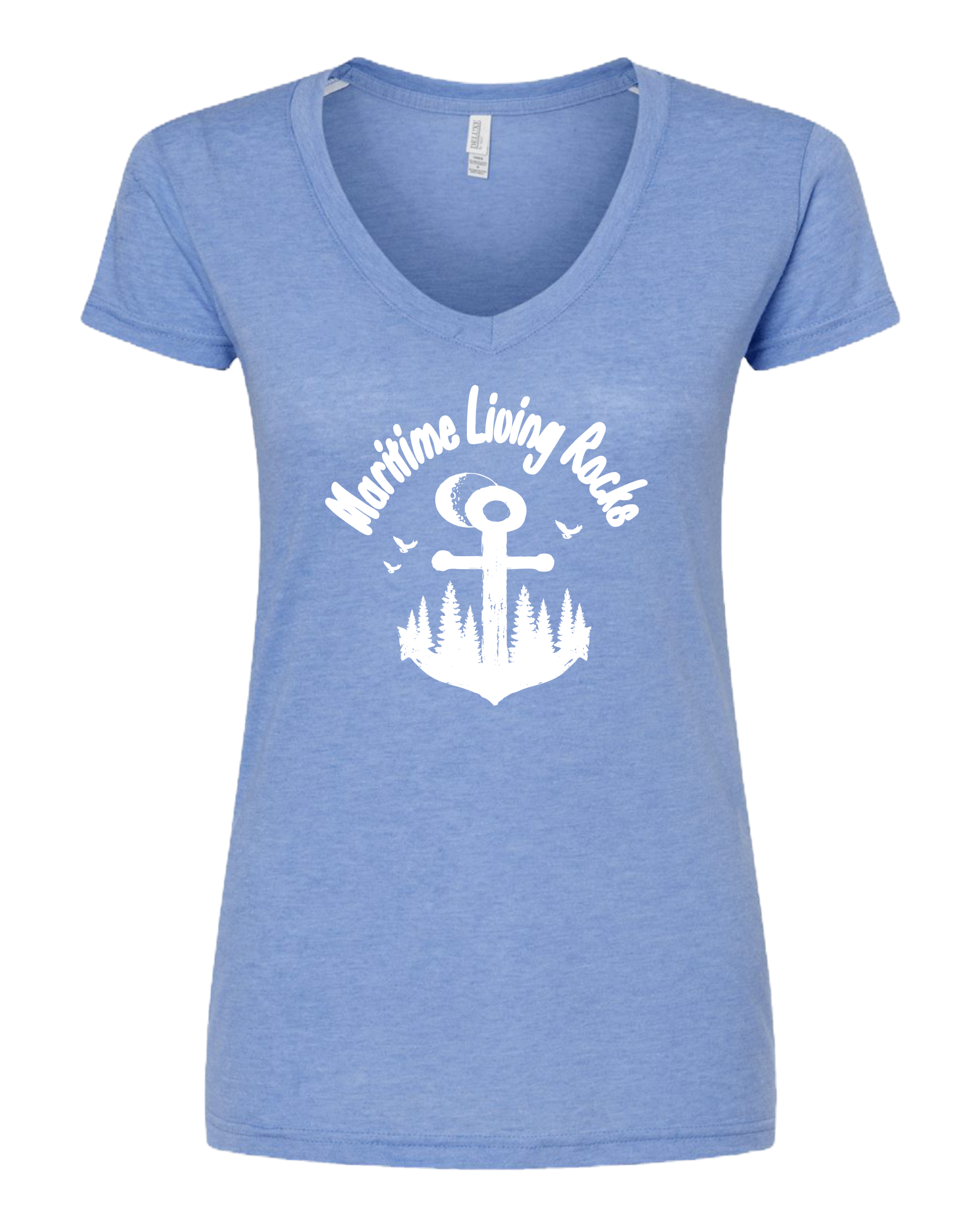 Women Heather blue v-neck with white logo