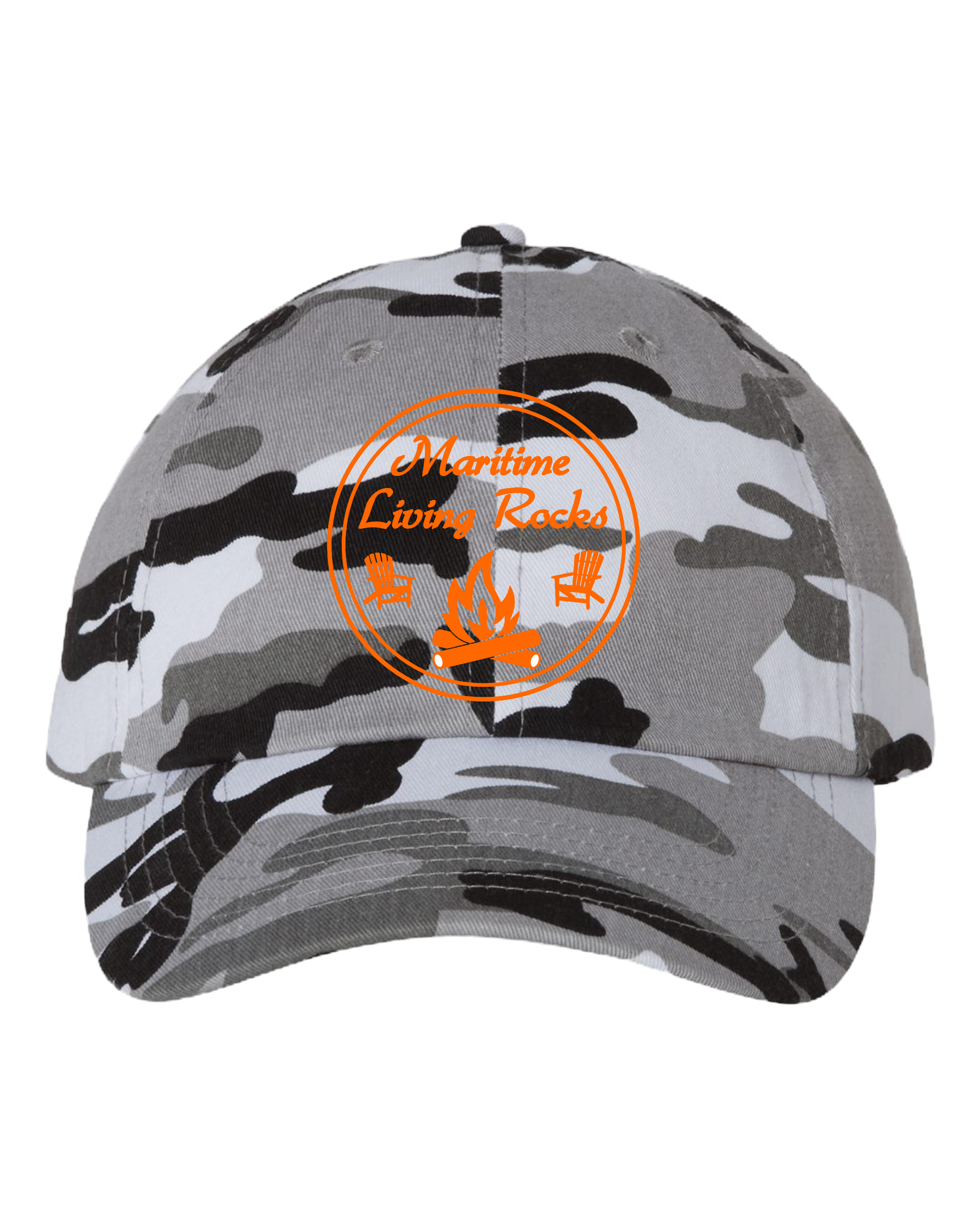 White/Black Camo Baseball Cap with Neon Orange logo.
