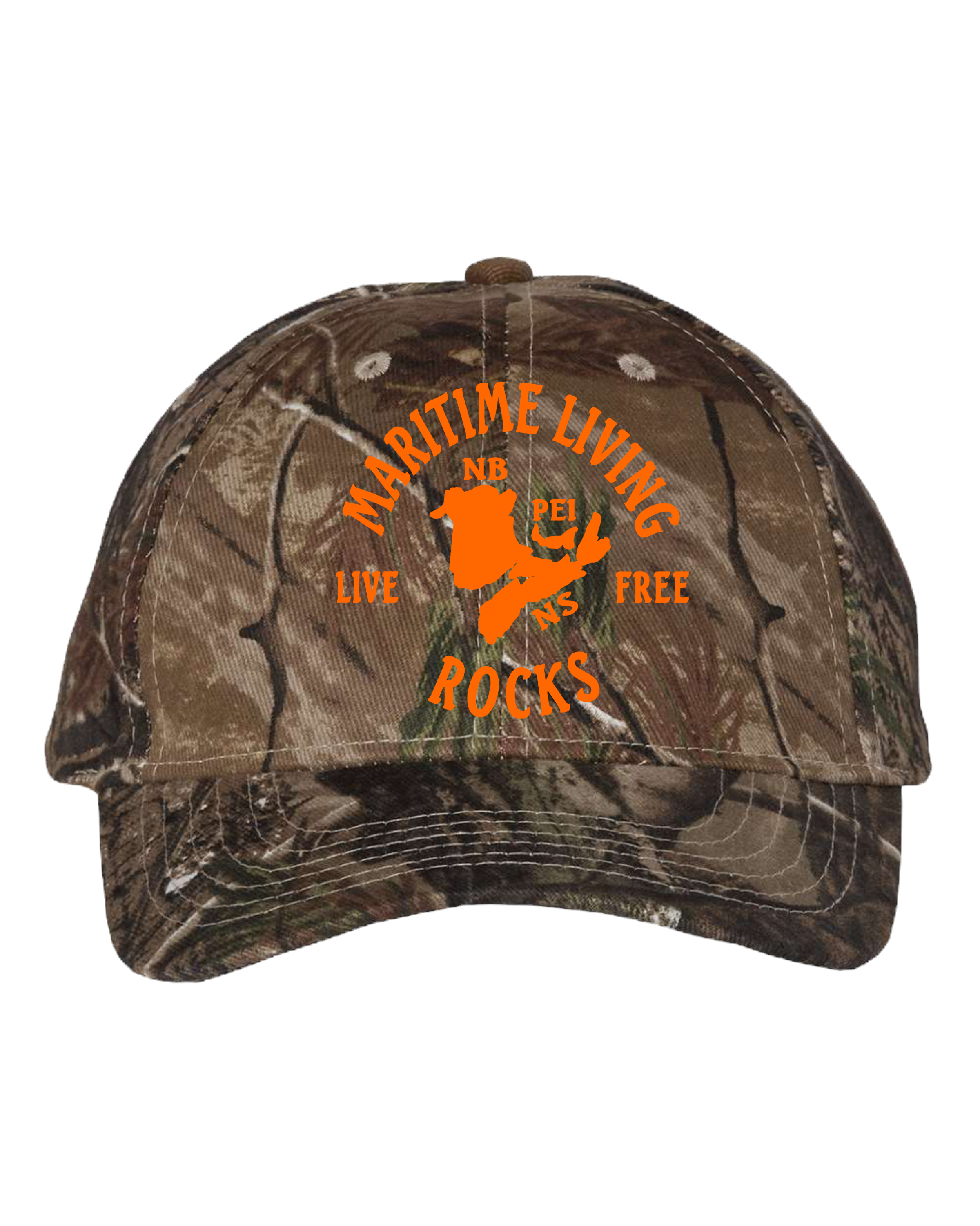 Realtree Baseball Cap with Neon Orange Logo.
