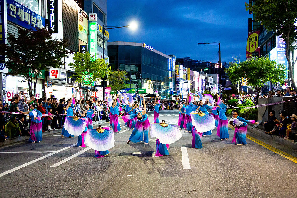 High angle view of a traditional Korean festival with colorful decorations
