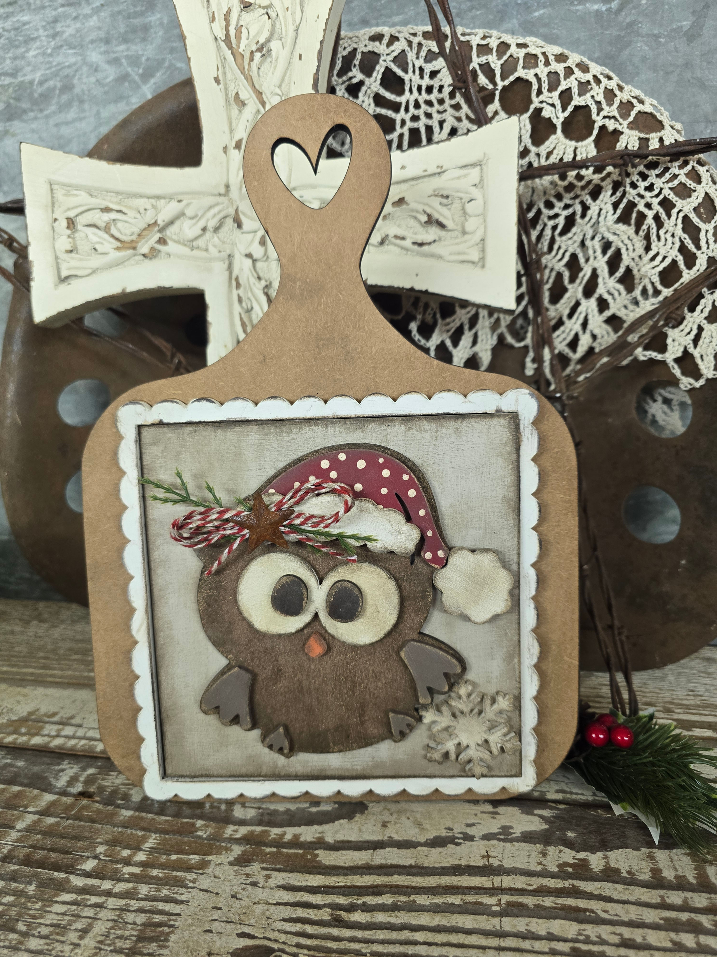 Owl Be Home for Christmas Insert with Cutting Board Interchangeable