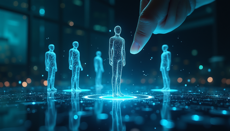 Eye-level view of a digital interface showing five distinct AI personas collaborating on a decision-making task