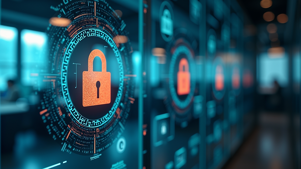 High angle view of a secure office environment with cybersecurity posters