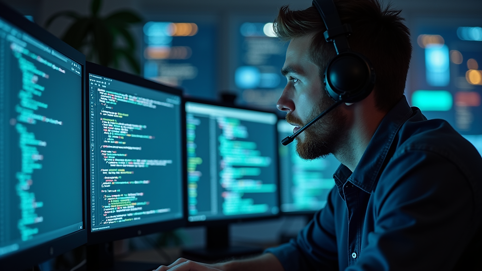 Close-up view of a cybersecurity professional analyzing code on multiple monitors