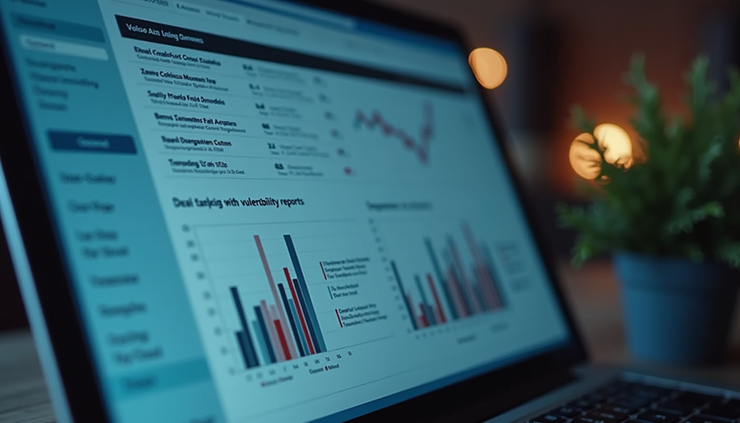 Close-up view of a security analyst reviewing vulnerability reports on a laptop