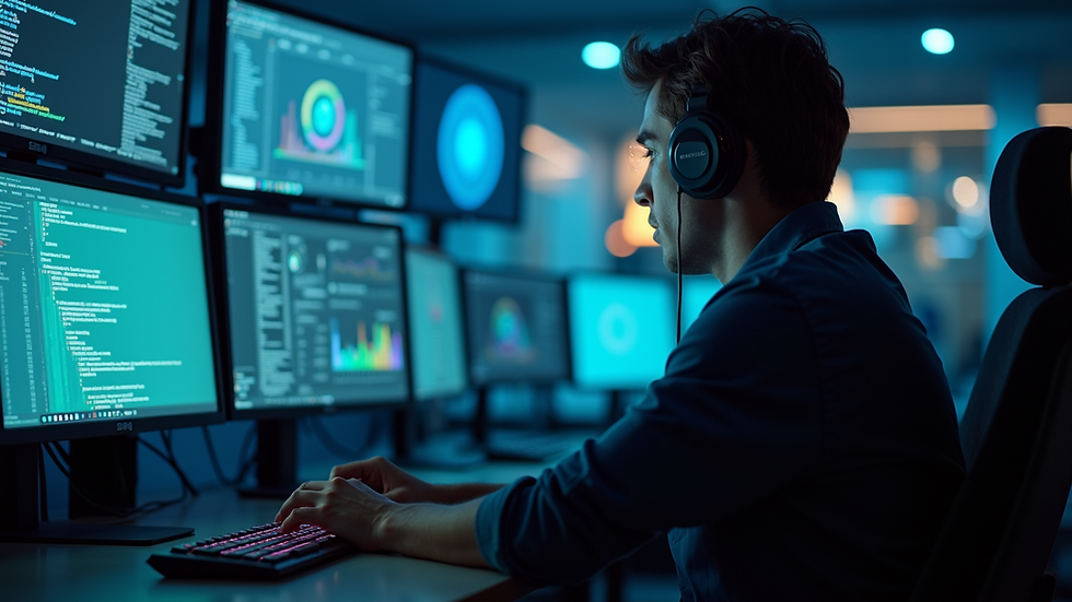 Eye-level view of a cybersecurity analyst monitoring multiple screens