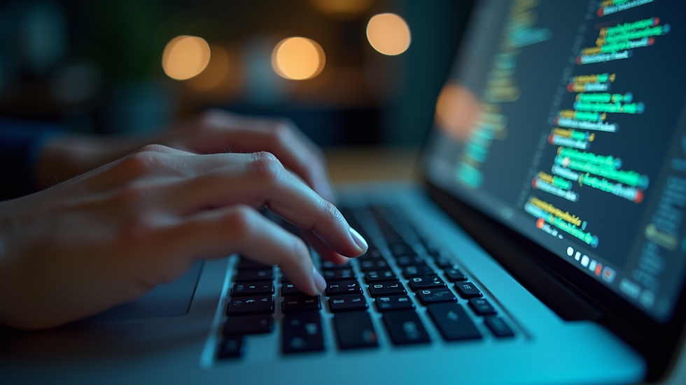 Close-up view of a person typing code on a laptop keyboard