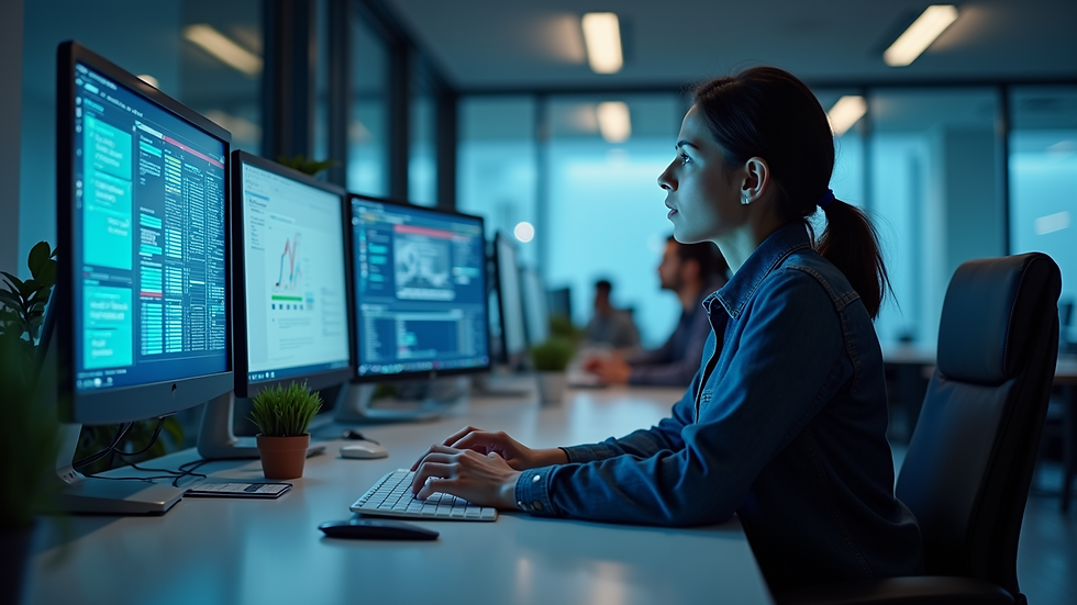 Eye-level view of a modern office with cybersecurity monitoring screens