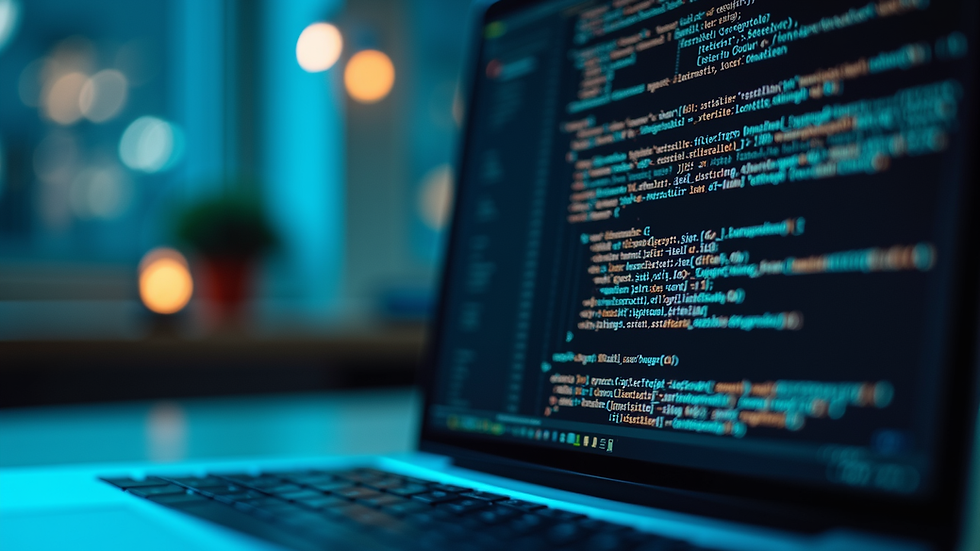 Eye-level view of a laptop screen showing coding in a cybersecurity course