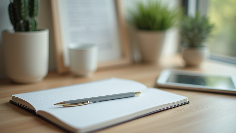 Close-up view of a therapist’s desk with a notebook, pen, and calming decor
