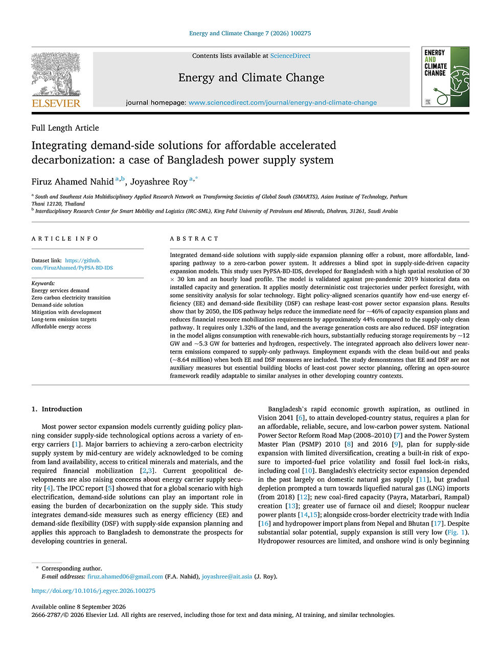 SMARTS New publication: Integrating demand-side solutions for affordable accelerated decarbonization: a case of Bangladesh power supply system