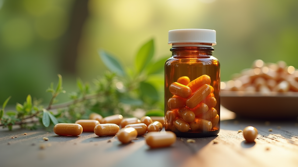 Eye-level view of a bottle of ashwagandha capsules with natural herbs in the background