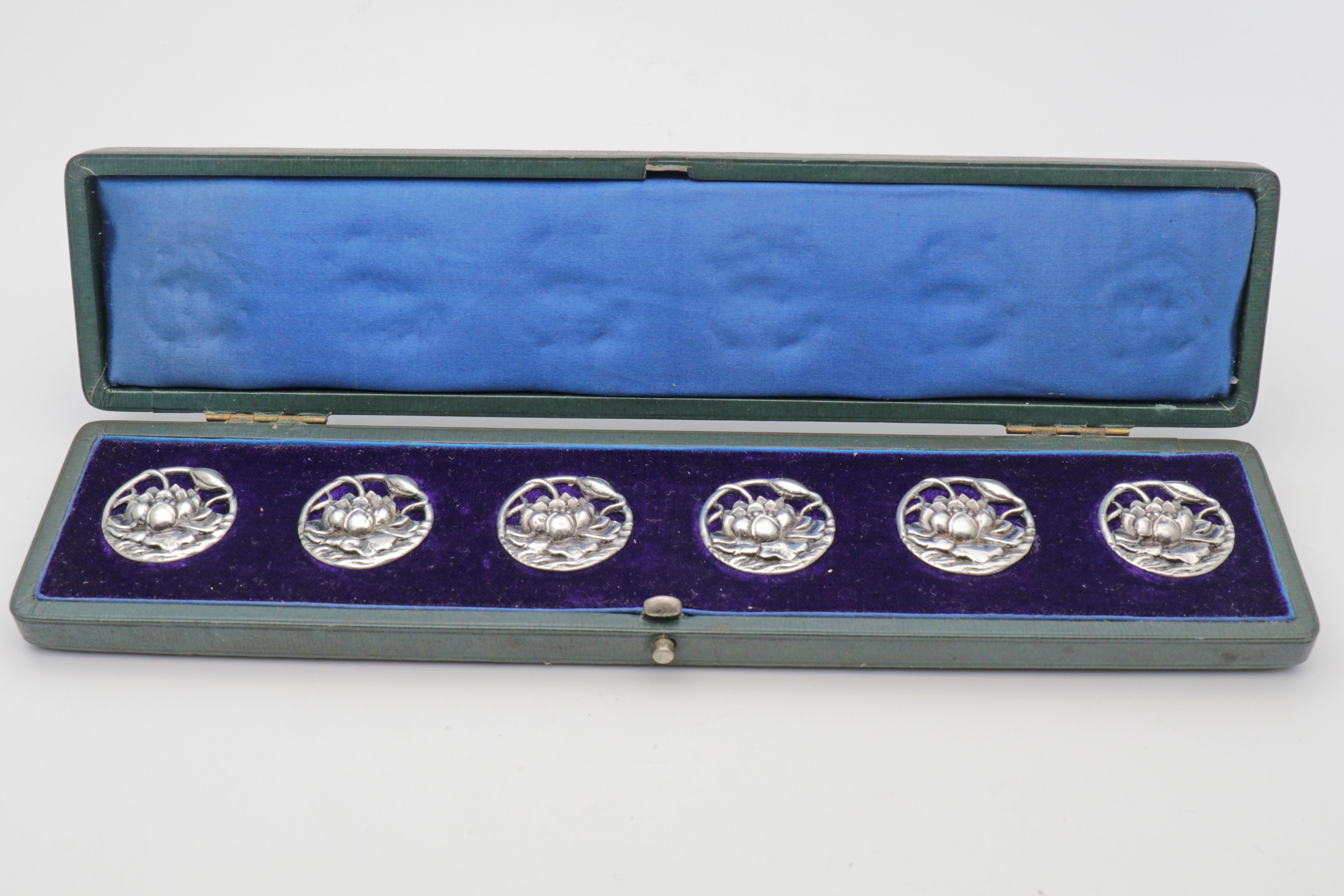 Art Nouveau set of Edwardian silver floral pierced buttons