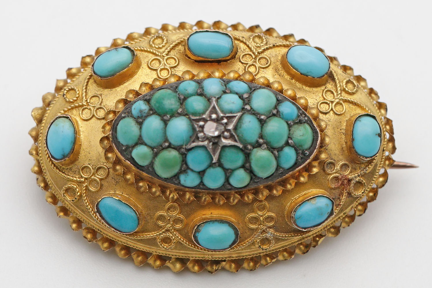 Late 19th century 15ct gold turquoise and diamond brooch, with cannetille detail