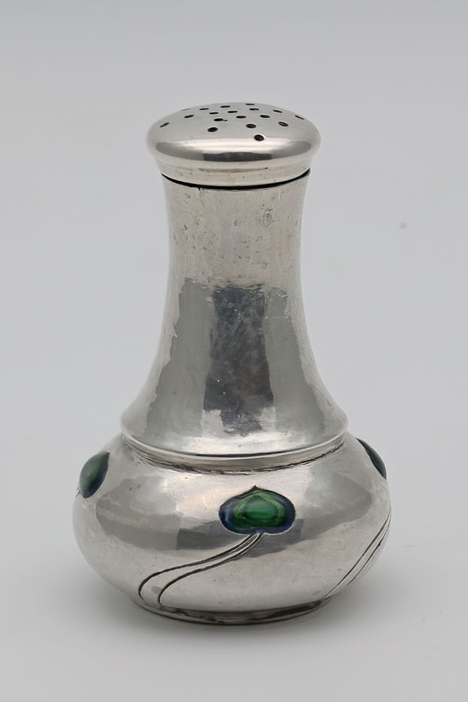 Thumbnail: Arts and Crafts silver and enamel pepper pot