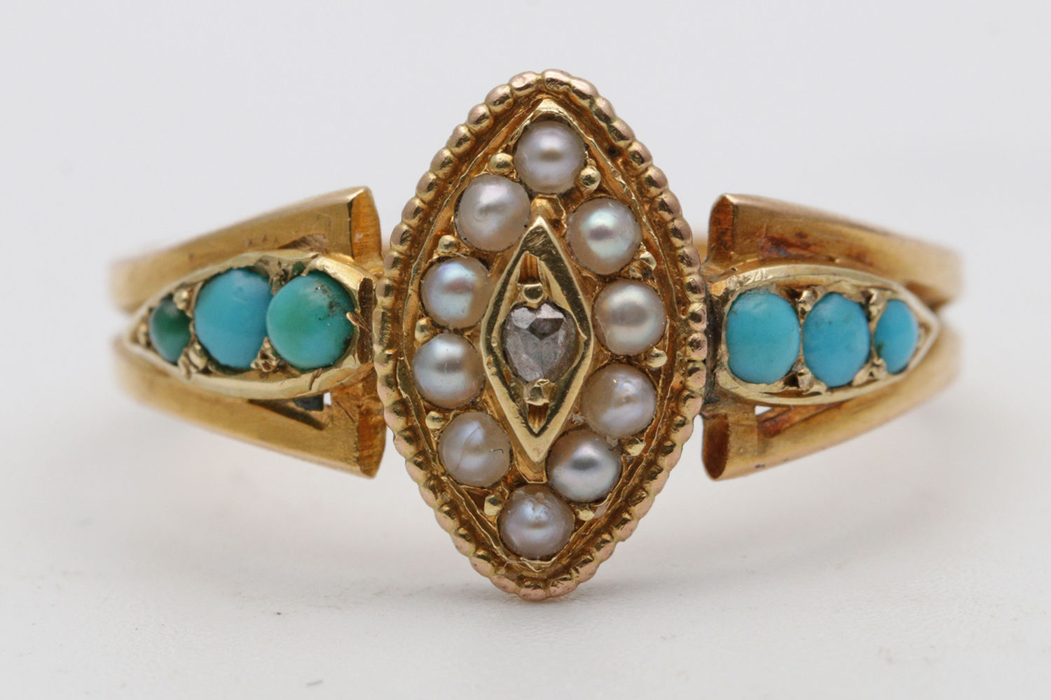 Late victorian gold, turquoise and seed pearl dress ring