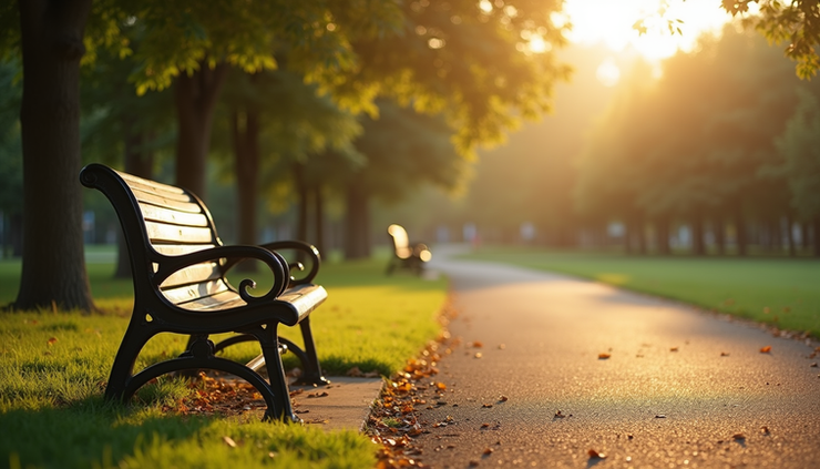 Eye-level view of a quiet park bench under soft sunlight