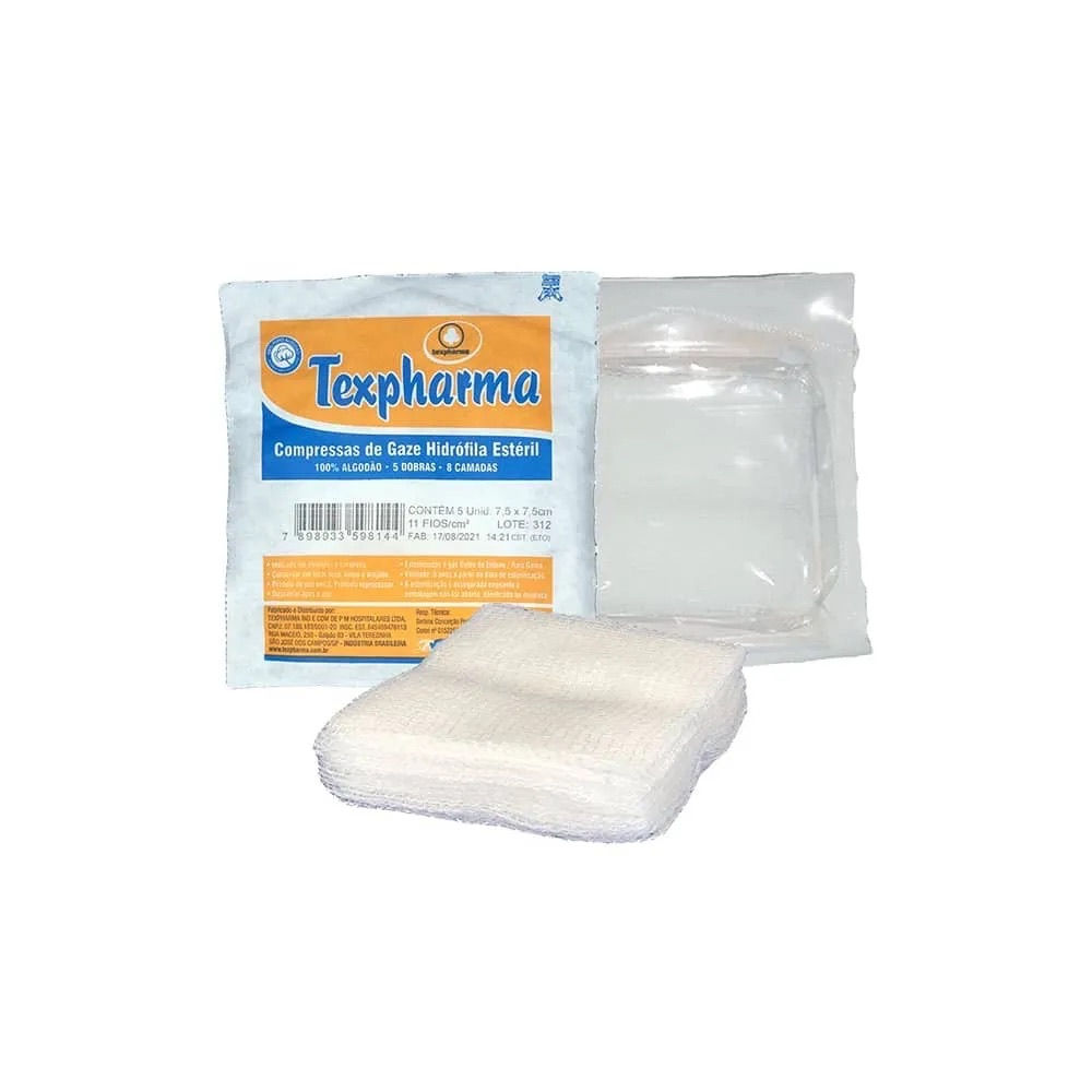 Compressa Gaze Esteril 13Fios 7,5cm x 7,5cm - cx 10 pack 10 uni cada - TEXPHARMA