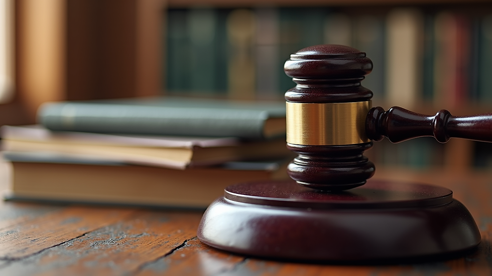 Close-up view of a gavel and legal books on a desk