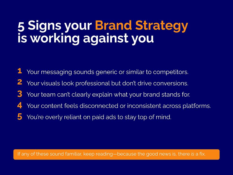 Dark blue graphic titled “5 Signs Your Brand Strategy Is Working Against You” with a numbered list in white text:
Your messaging sounds generic or similar to competitors.
Your visuals look professional but don’t drive conversions.
Your team can’t clearly explain what your brand stands for.
Your content feels disconnected or inconsistent across platforms.
You’re overly reliant on paid ads to stay top of mind.
A beige text box at the bottom reads: “If any of these sound familiar, keep reading—because the good news is, there is a fix.”