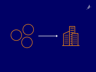 Orange outline icons of three circles with an arrow pointing to three connected buildings on a navy blue background.