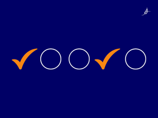 Two orange checkmarks and four empty white circles arranged horizontally on a dark blue background.