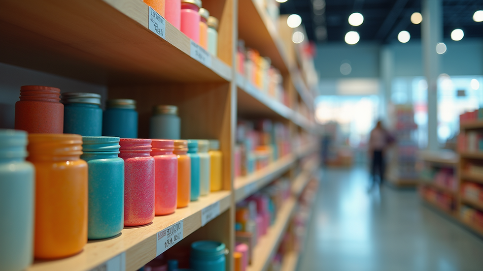 Eye-level view of a colorful display of various products at an online store