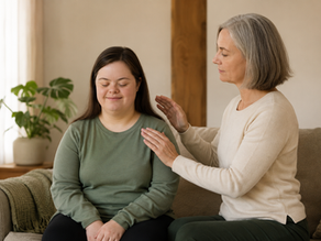 Illustrative image of an adult with Down syndrome receiving gentle Reiki from a practitioner in a calm, comfortable setting.