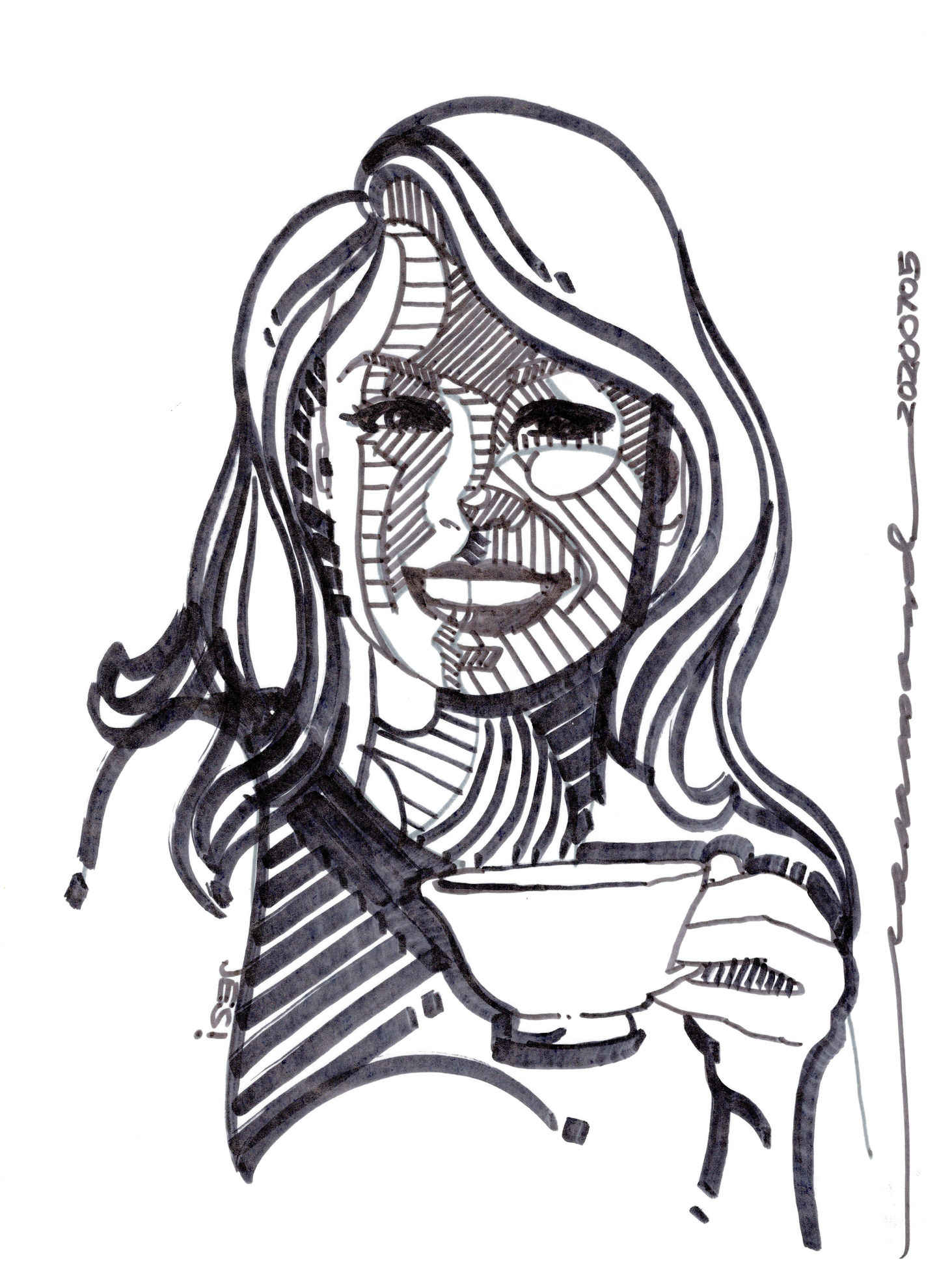 Black-and-white marker portrait of human faces, drawn with artistic flair and precise Sharpie strokes