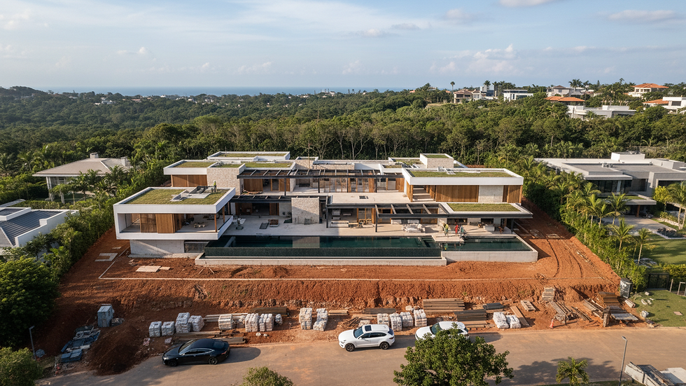 Vista aérea de terreno com projeto arquitetônico moderno
