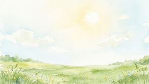 Aquarell-Illustration im Kleeblatt-Stil: sonniger Sommerhimmel über sanfter Landschaft
