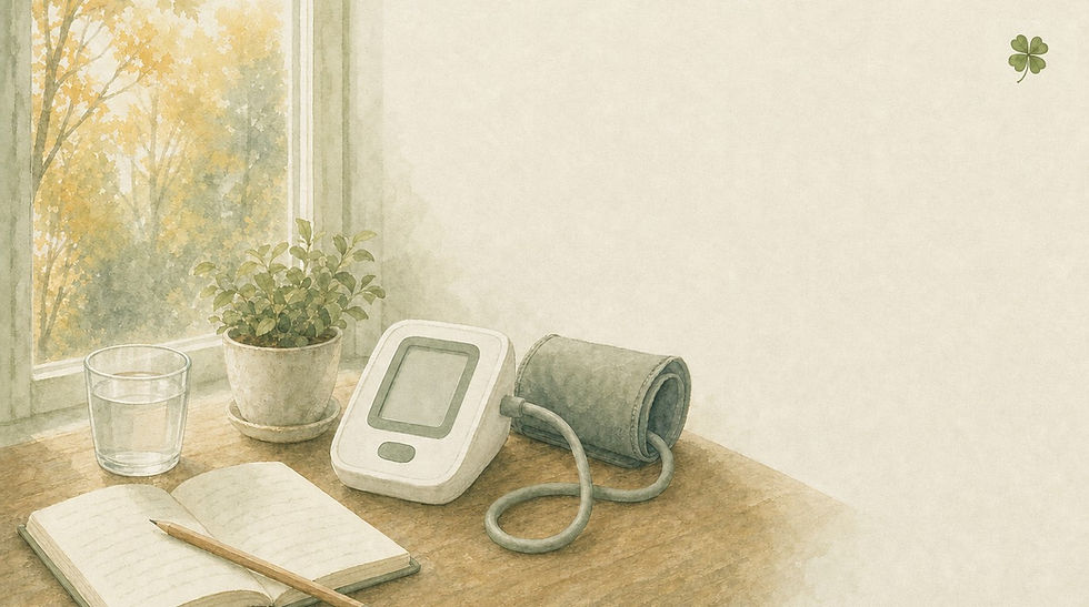 Aquarell-Illustration im Kleeblatt-Stil: Blutdruckmessgerät mit Oberarmmanschette neben einem Notizbuch und einem Glas Wasser am Fenster